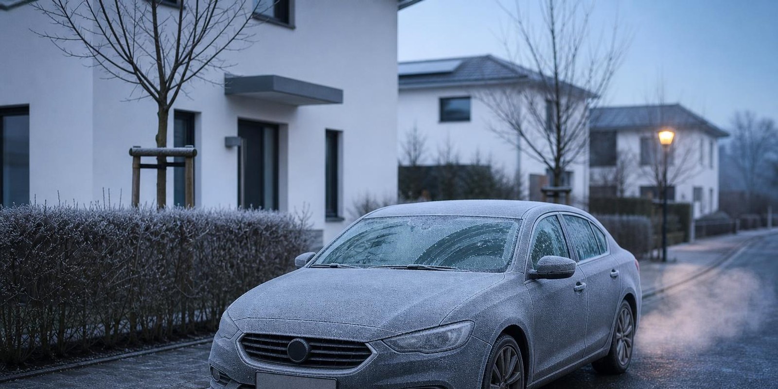 Bereiftes Auto steht an einem kalten Wintermorgen mit leichtem Abgasdunst in einer Wohnstrasse.