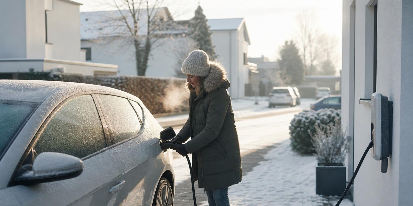 Bereiftes Elektroauto am Wintermorgen, jemand zieht das Ladekabel am Ladeanschluss ab.