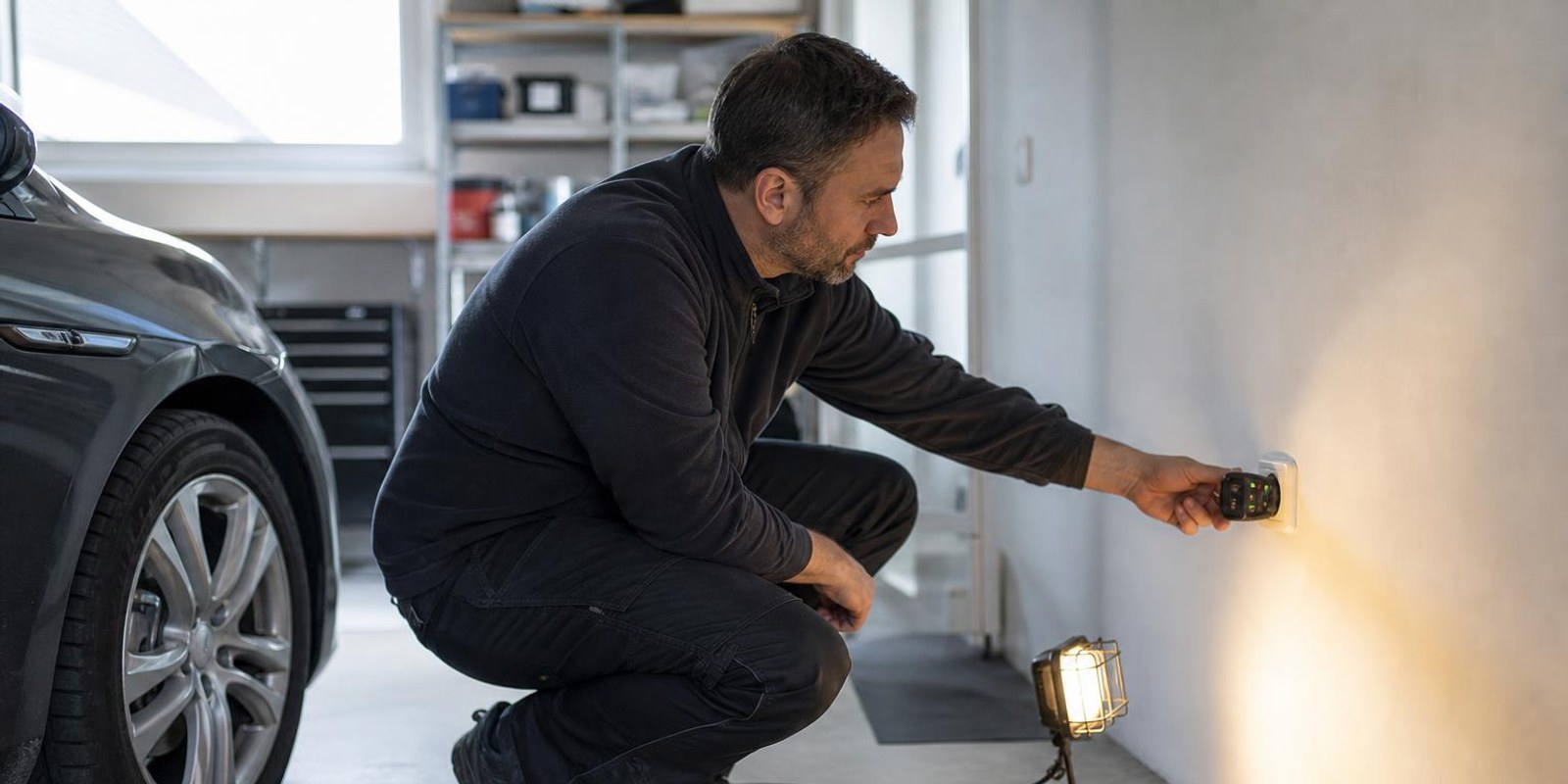 Elektriker prueft mit einem Messgeraet die Haushaltssteckdose in der Garage, daneben liegt das Ladekabel.