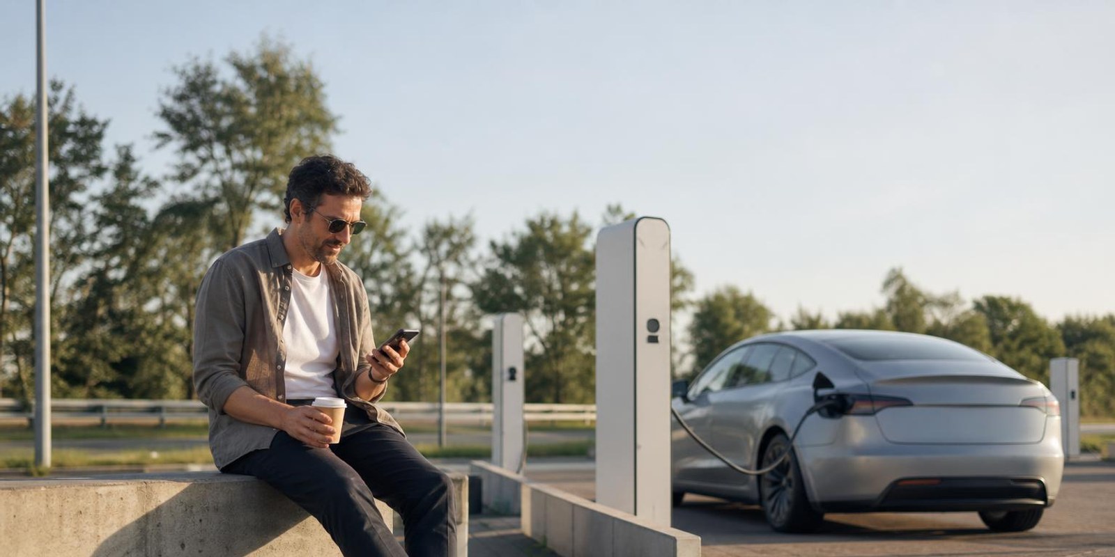 Reisender sitzt mit Kaffee an der Raststaette, waehrend im Hintergrund ein Elektroauto an der Saeule laedt.