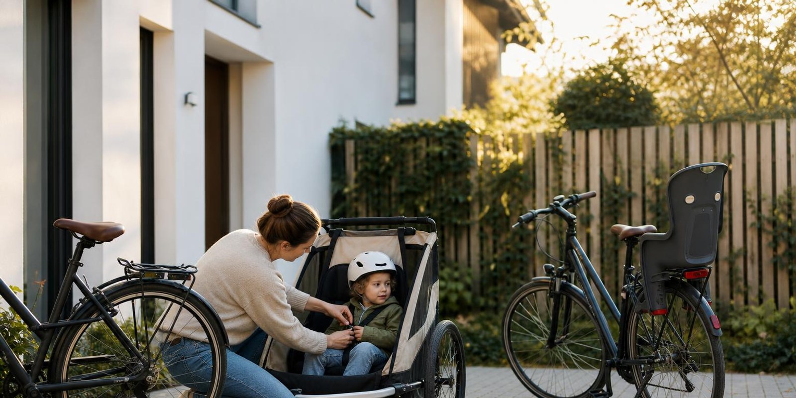 Elternteil schnallt ein Kind im Fahrradanhaenger an, daneben lehnt ein Rad mit Kindersitz am Zaun.