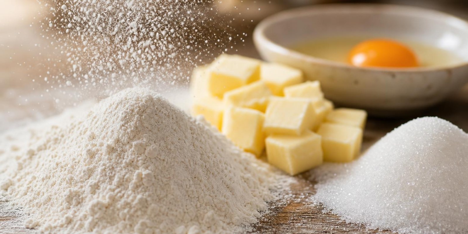 Mehl, Butterwuerfel, Zucker und ein aufgeschlagenes Ei liegen auf einem Holztisch bereit.