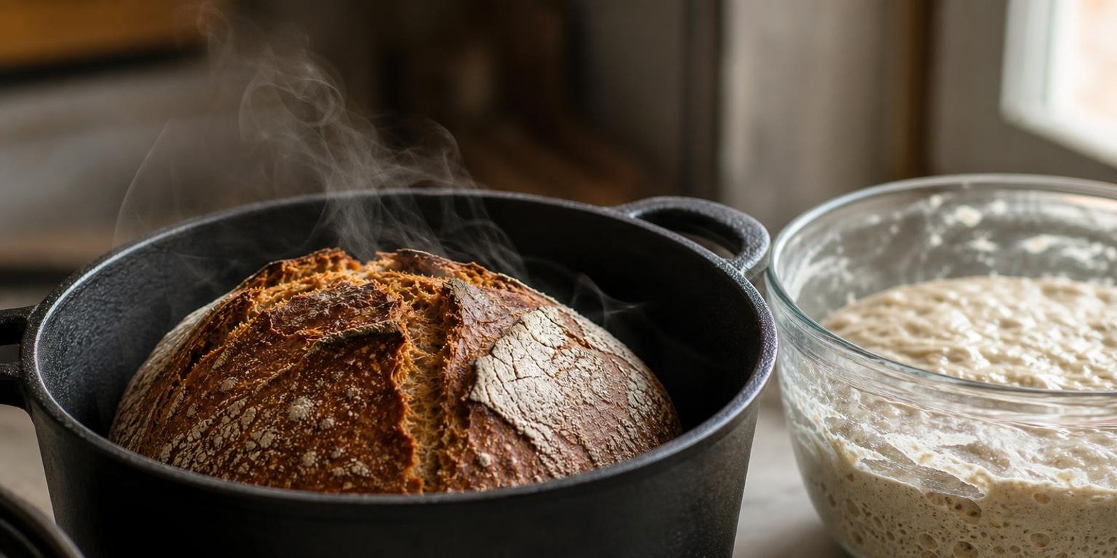 Knuspriges No-Knead-Brot im gusseisernen Topf, daneben der blasige Teig in einer Glasschuessel.