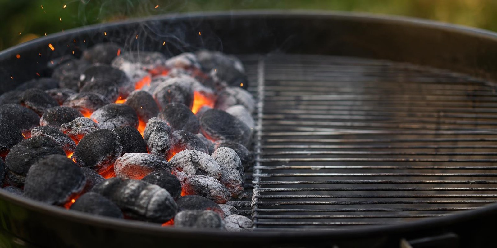 Gluehende Kohlen liegen nur auf einer Seite des Grills und bilden zwei Hitzezonen.