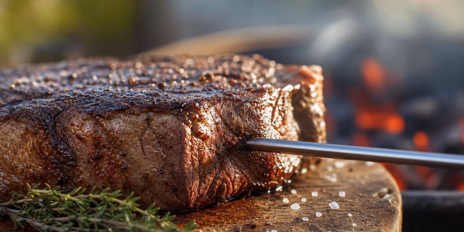 Dickes Steak liegt mit Thermometer auf einem Brett neben dem gluehenden Holzkohlegrill.