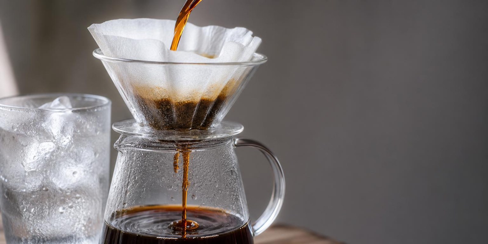 Cold Brew laeuft durch einen Papierfilter in eine Glaskaraffe, daneben ein Glas mit Eis.