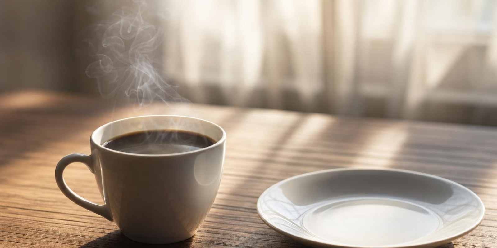 Dampfende Tasse schwarzer Kaffee am Morgen auf einem noch leeren Fruehstueckstisch.