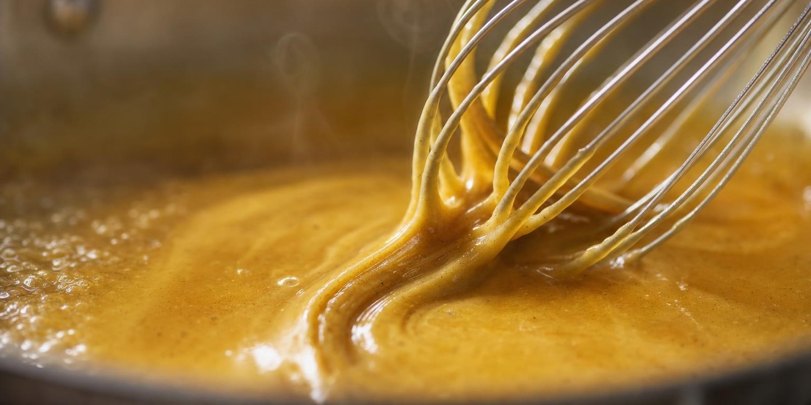 Ein Schneebesen zieht glaenzende Bahnen durch eine goldene Sauce, die in einer Pfanne einkocht.