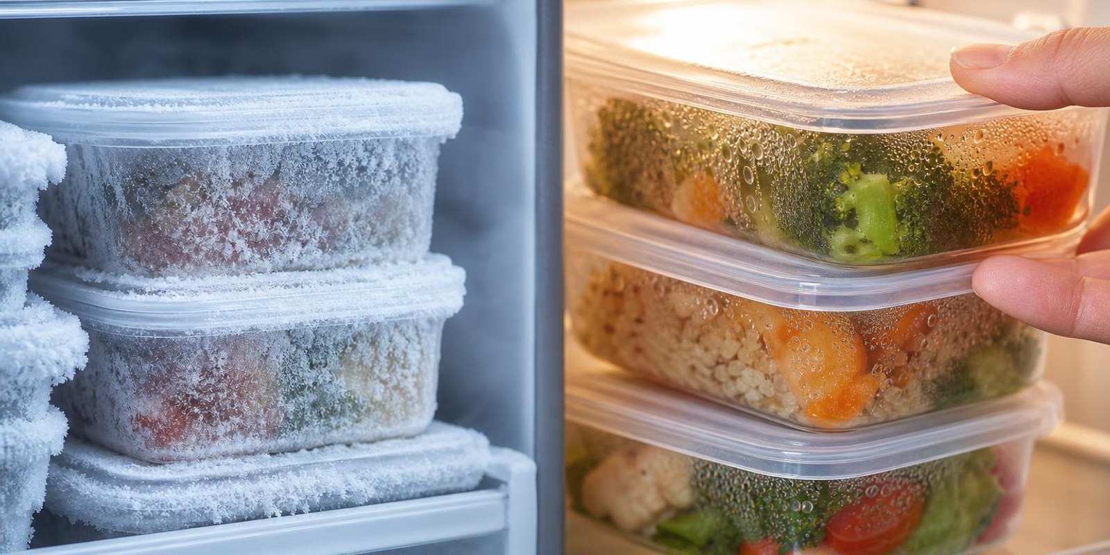 Vorgekochte Gerichte in Boxen werden zwischen frostigem Gefrierfach und Kuehlschrank aufgeteilt.