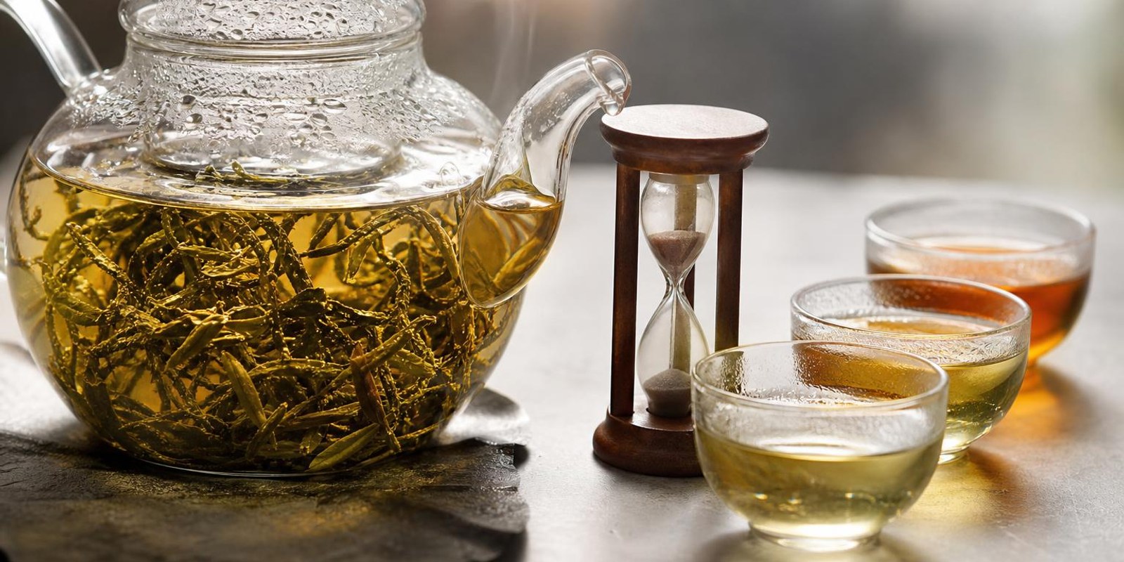 Teeblaetter ziehen in einer Glaskanne, daneben laeuft eine Sanduhr vor drei unterschiedlich dunklen Tassen.