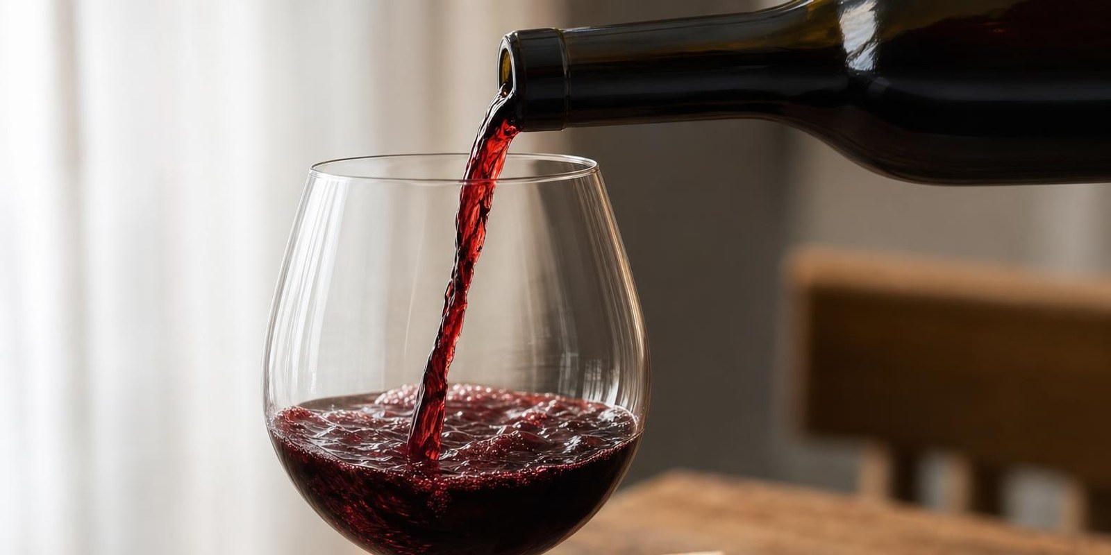 Rotwein wird in ein bauchiges Glas eingeschenkt, Licht scheint durch den fallenden Weinstrahl.
