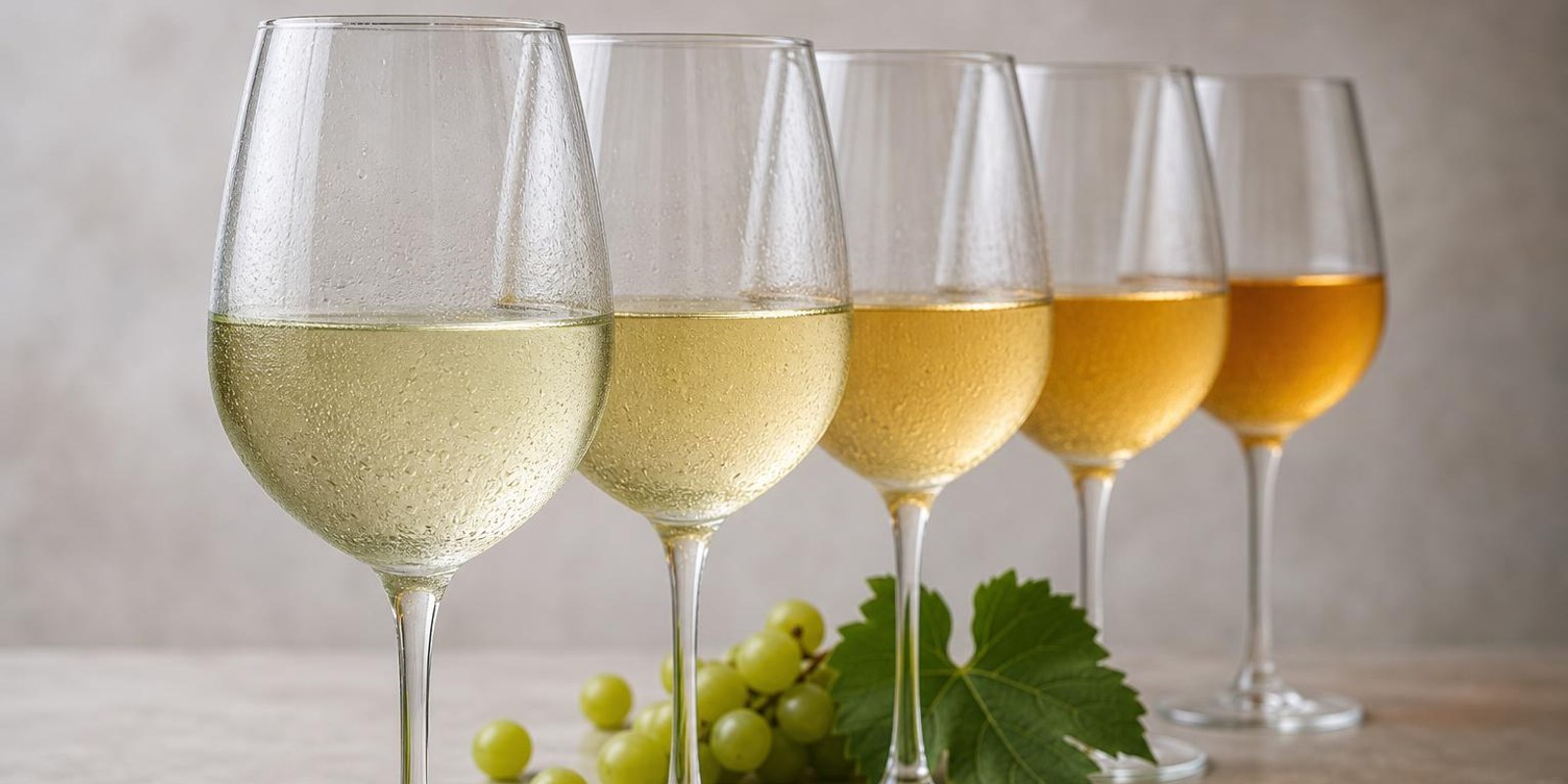 Fuenf Glaeser Weisswein in unterschiedlichen Goldtoenen stehen in einer Reihe neben Trauben und Rebblatt.