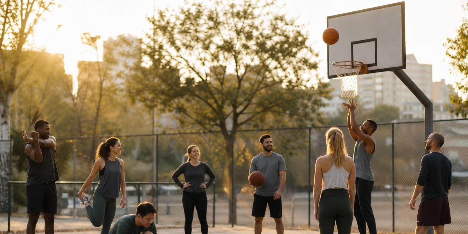 Gemischte Gruppe waermt sich abends auf einem Basketballplatz im Park auf, ein Ball fliegt zum Korb.