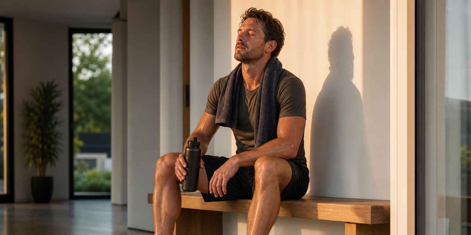 Sportlerin sitzt nach dem Training entspannt mit Handtuch und Wasserflasche auf einer Bank.