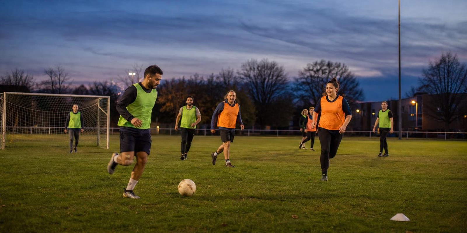 Gemischte Hobbytruppe spielt abends auf einem Amateurplatz ein kleines Trainingsspiel.