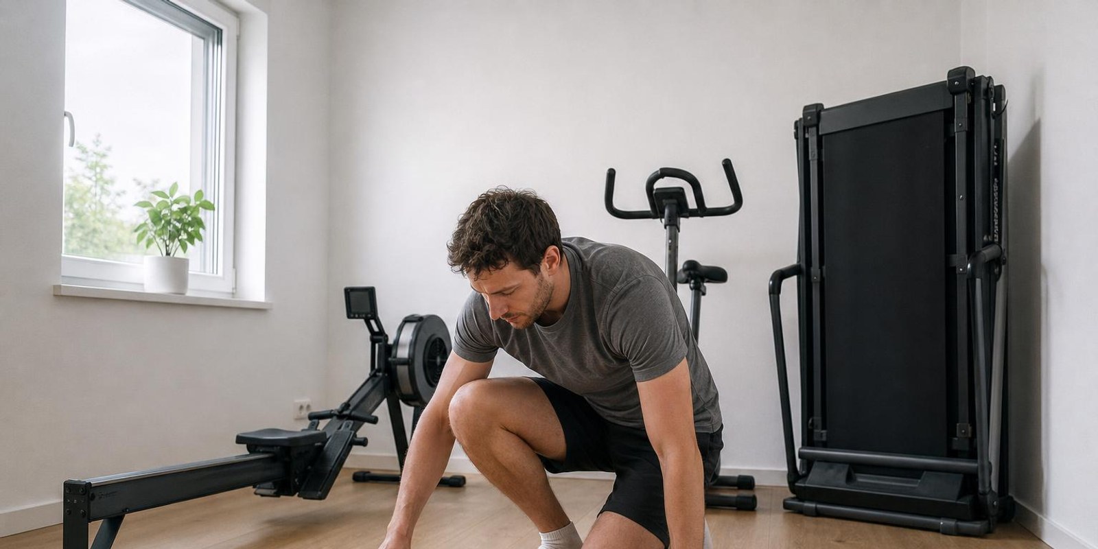 Rudergeraet, Ergometer und geklapptes Laufband teilen sich die Wand eines kleinen Wohnzimmers.