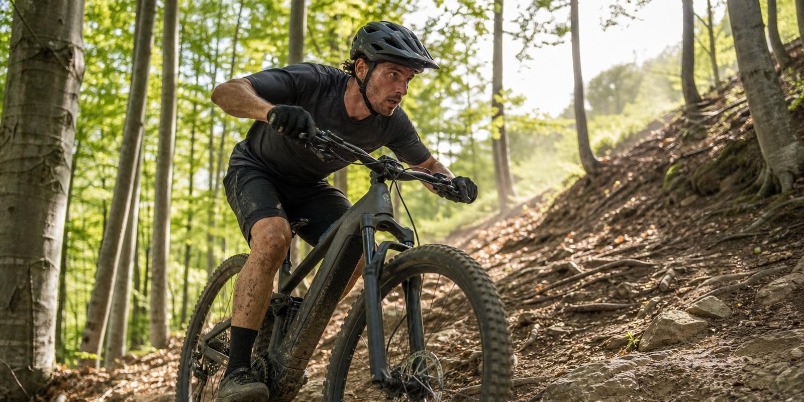 Mountainbiker mit Helm tritt auf dem E-MTB sichtbar hart einen steilen Waldanstieg hinauf.