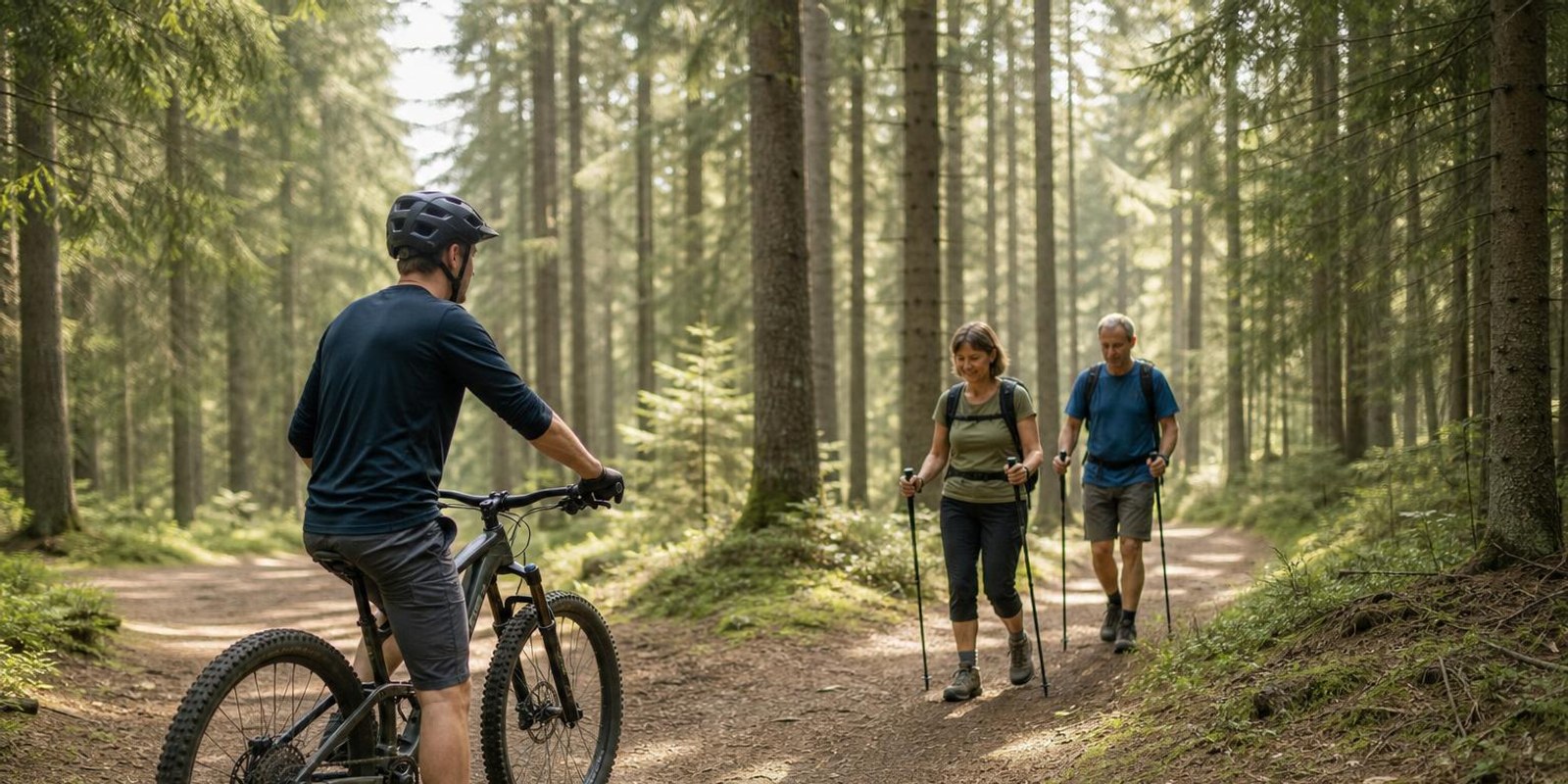 Mountainbiker haelt an einer Wegkreuzung im Wald an und laesst zwei Wanderer passieren.