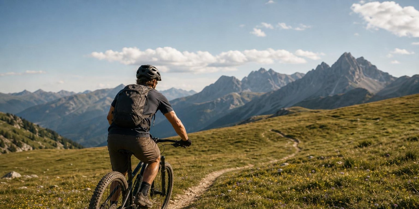 Mountainbiker faehrt auf einem flowigen Trail durch eine Almwiese vor Bergpanorama.