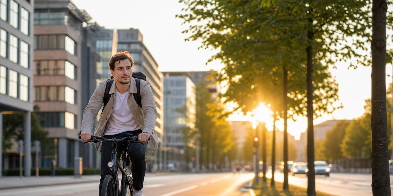 Pendler faehrt am Morgen mit Rucksack auf dem Radweg zur Arbeit.