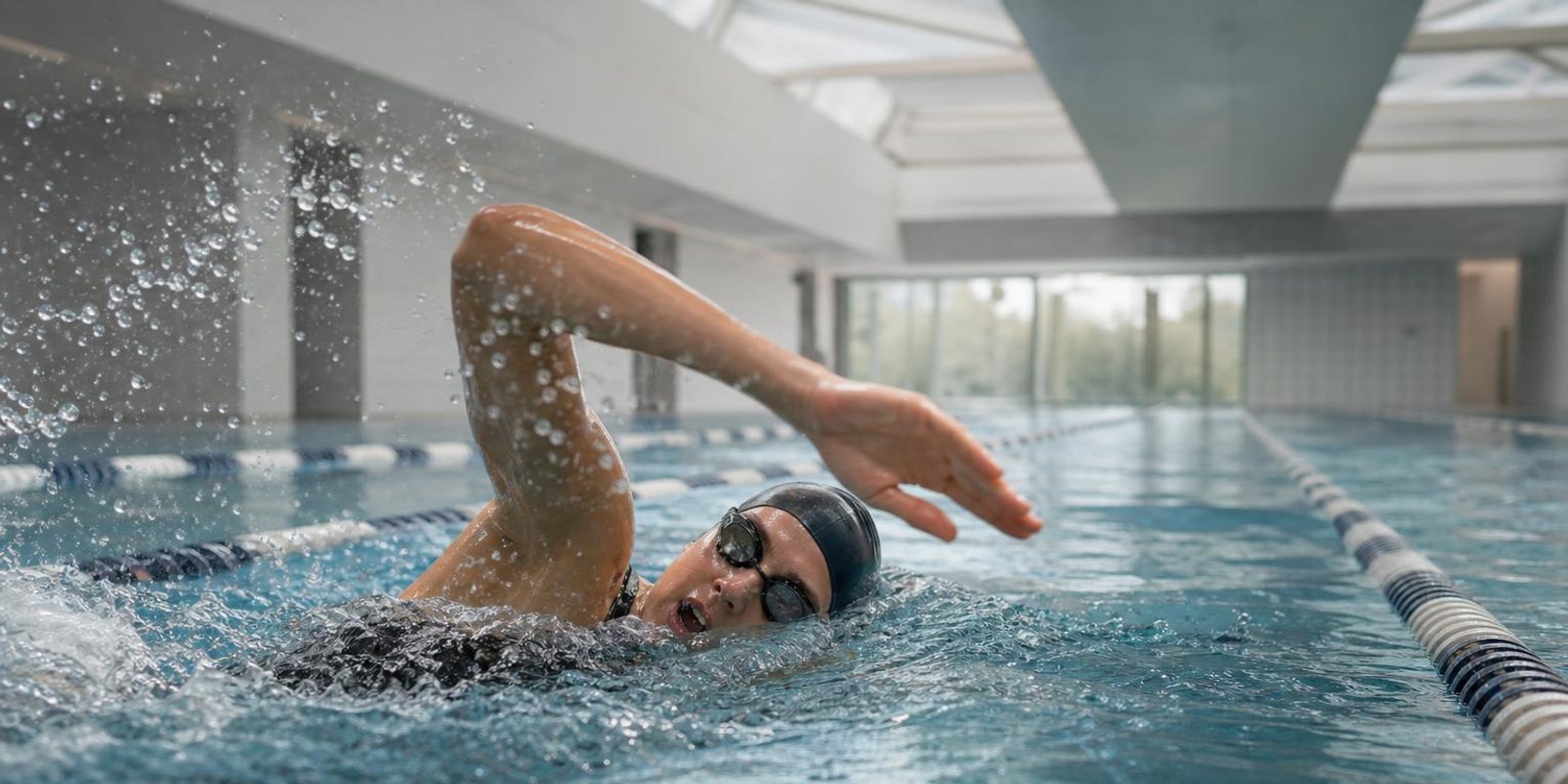 Kraulschwimmerin zieht kraftvoll durch ihre Bahn im Hallenbad, das Wasser schaeumt.
