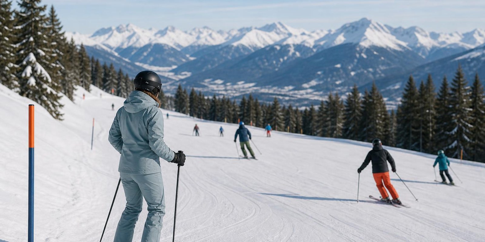 Skifahrer halten auf einer belebten Piste Abstand, einer schaut am Rand vor dem Einfahren bergwaerts.