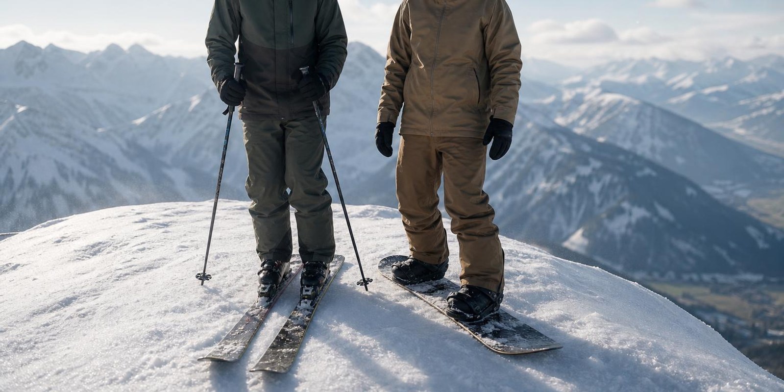 Skifahrerin und Snowboarder stehen mit Helmen nebeneinander am Pistenrand vor der Abfahrt.