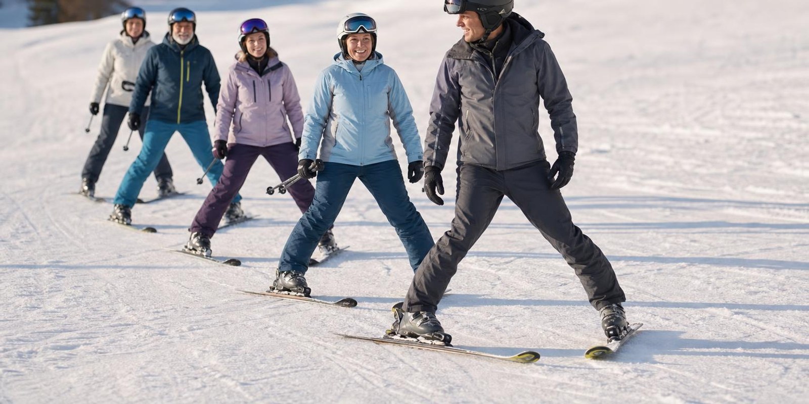 Erwachsene Anfaenger folgen im Pflug einer Skilehrerin ueber einen flachen Uebungshang.
