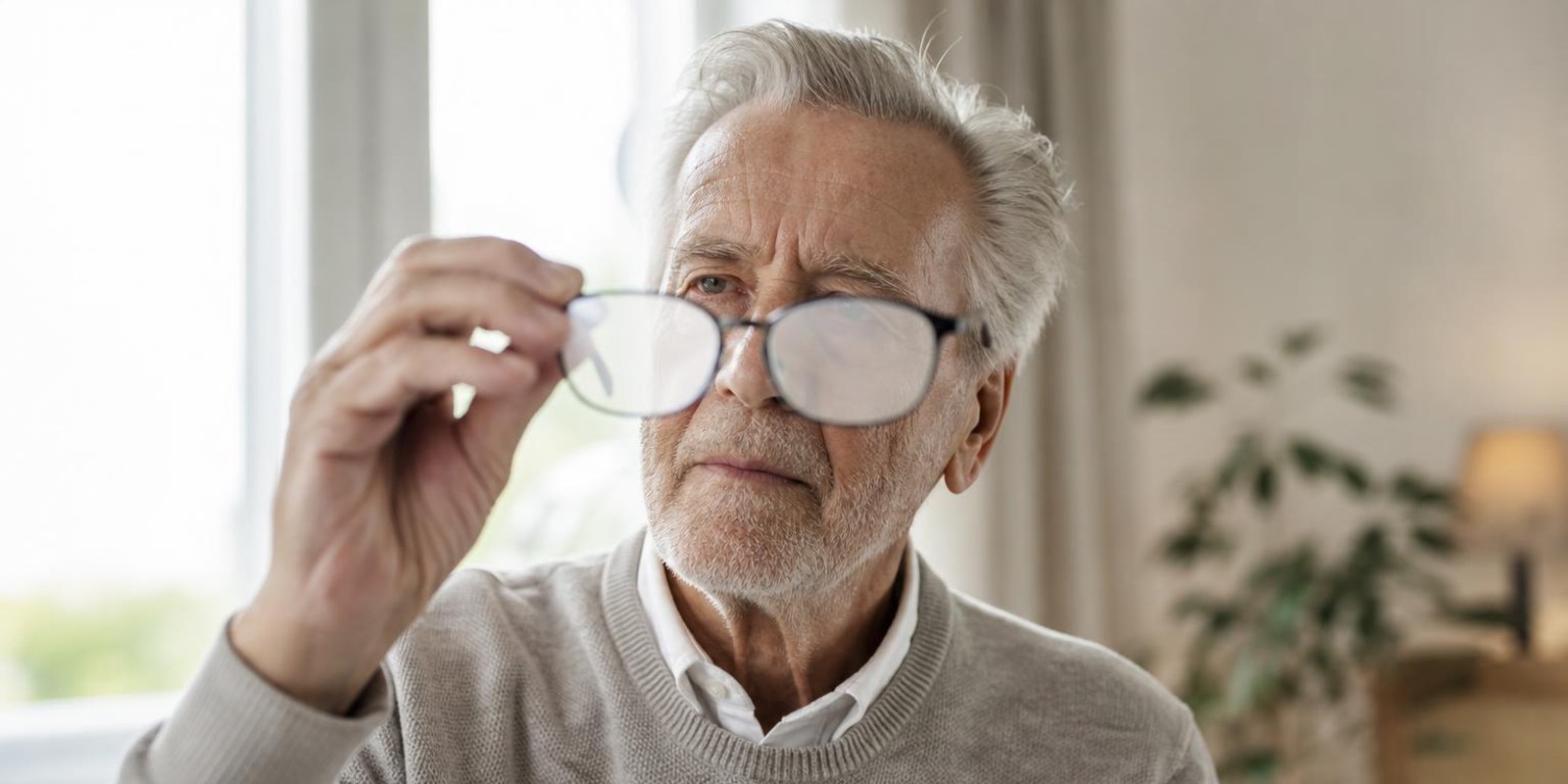 Aelterer Mann haelt seine Brille pruefend gegen das Fensterlicht, der Durchblick wirkt leicht truebe.