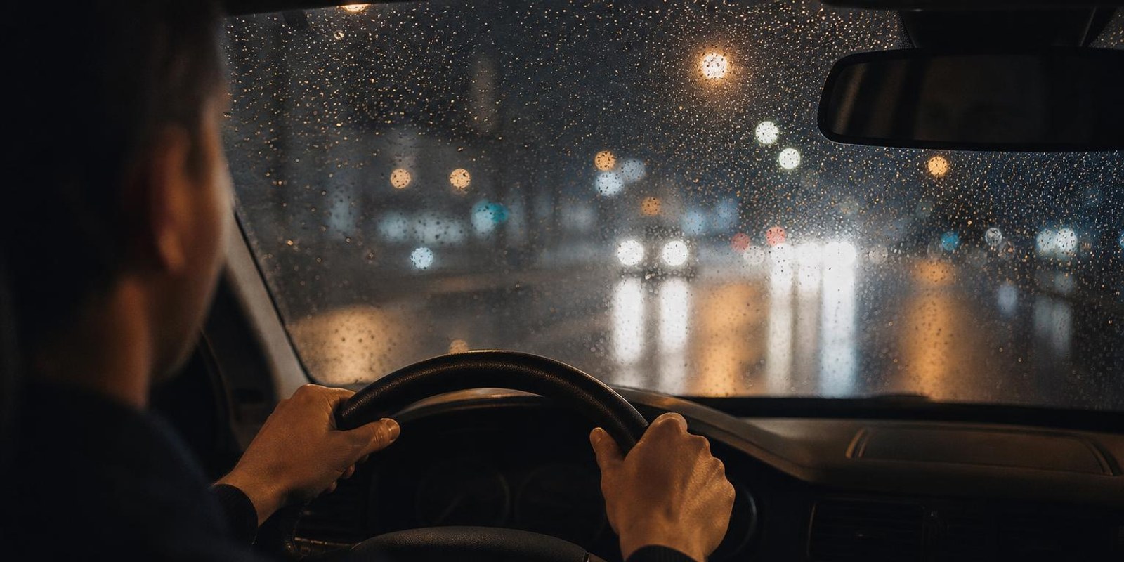 Blick aus dem Auto bei Nacht, entgegenkommende Scheinwerfer verschwimmen zu Lichtkreisen.