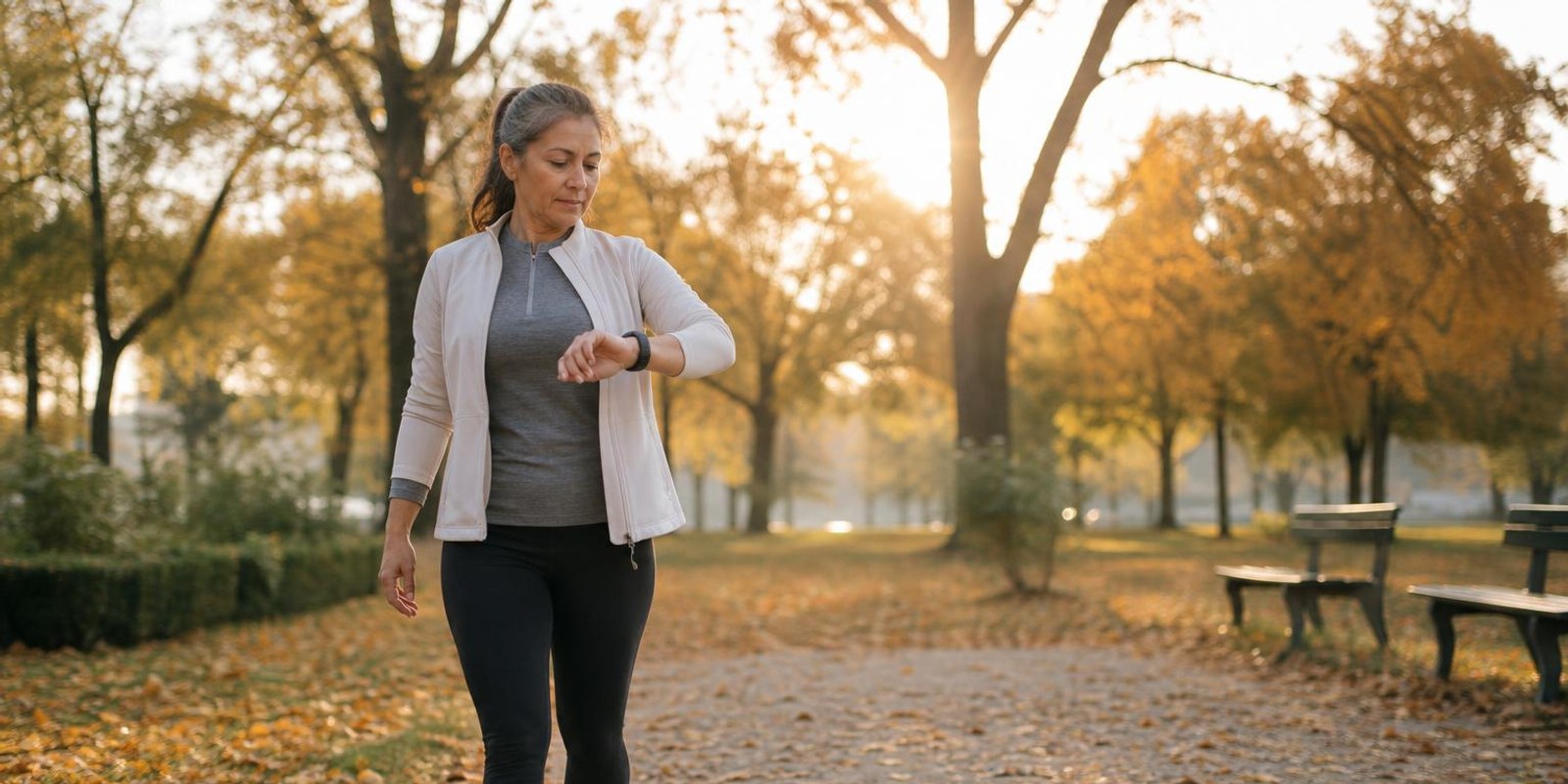 Frau geht zuegig durch einen herbstlichen Park und wirft einen Blick auf ihre Fitnessuhr.