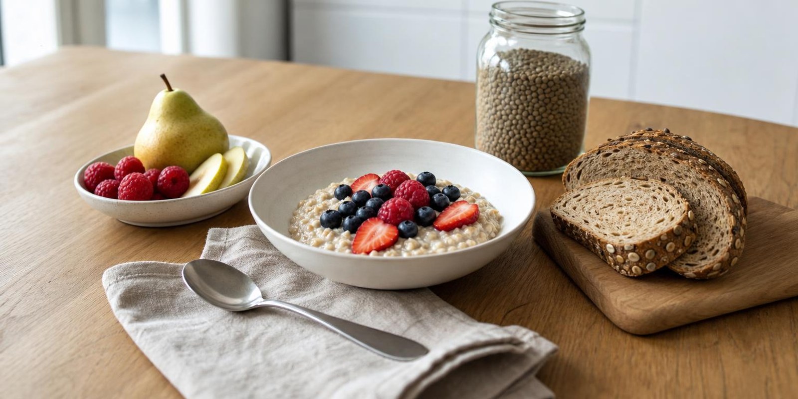 Haferbrei mit Beeren, Vollkornbrot und Huelsenfruechte auf einem Fruehstueckstisch.