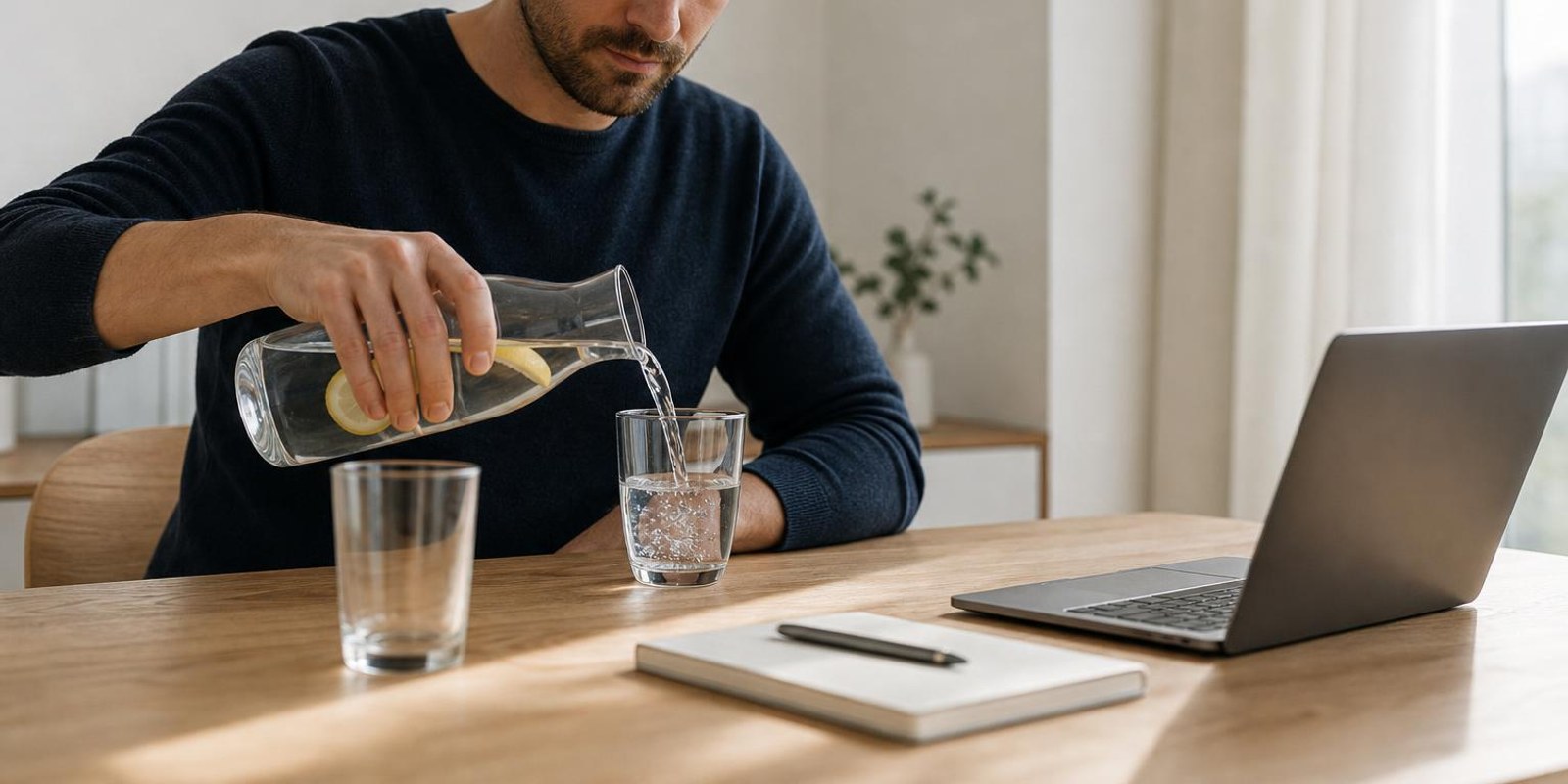 Mann fuellt sich am Schreibtisch ein Glas Wasser aus einer Karaffe nach.
