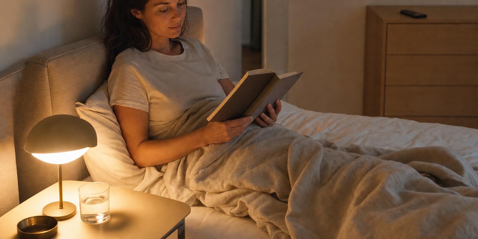Eine Frau liest abends im Bett ein Buch im warmen Licht der Nachttischlampe, das Handy liegt entfernt auf der Kommode.