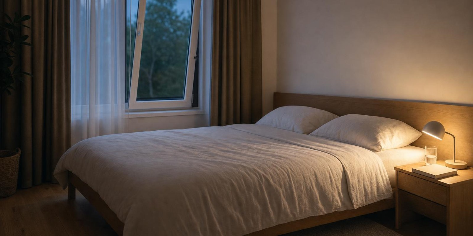 Ein aufgeraeumtes Schlafzimmer in der Daemmerung mit frisch bezogenem Bett, gekipptem Fenster und warmer Lampe.