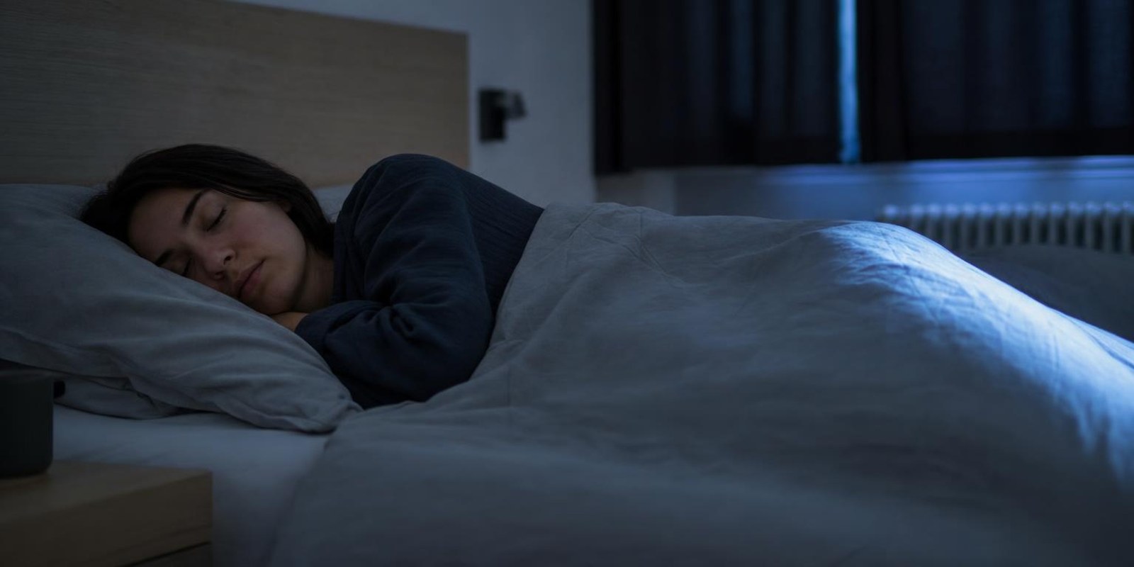 Eine Person schlaeft tief in einem dunklen Schlafzimmer, ein schmaler Mondlichtstreifen faellt aufs Bett.