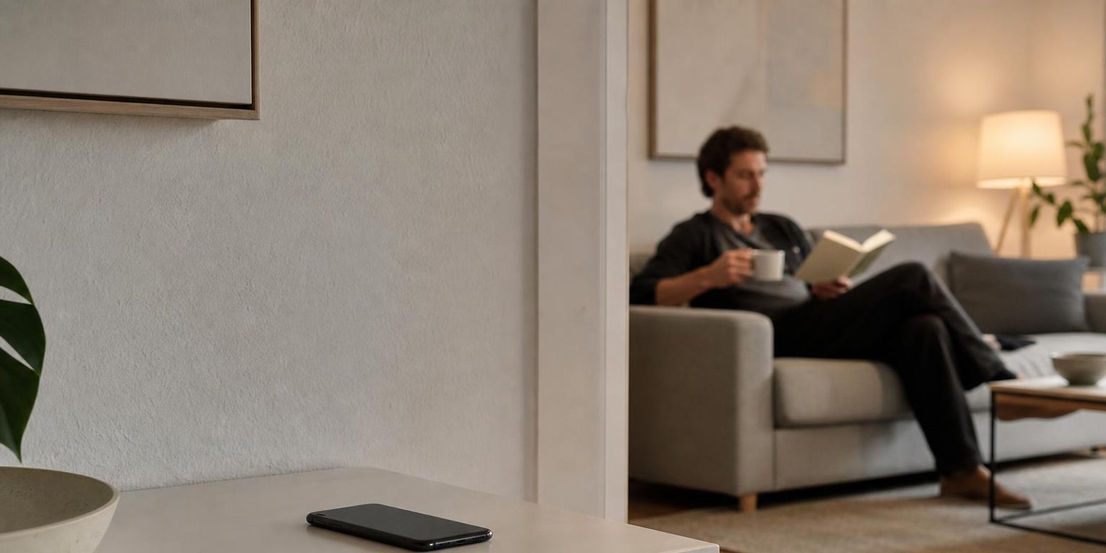 Smartphone liegt abgelegt im Flur, waehrend im Wohnzimmer entspannt gelesen wird.