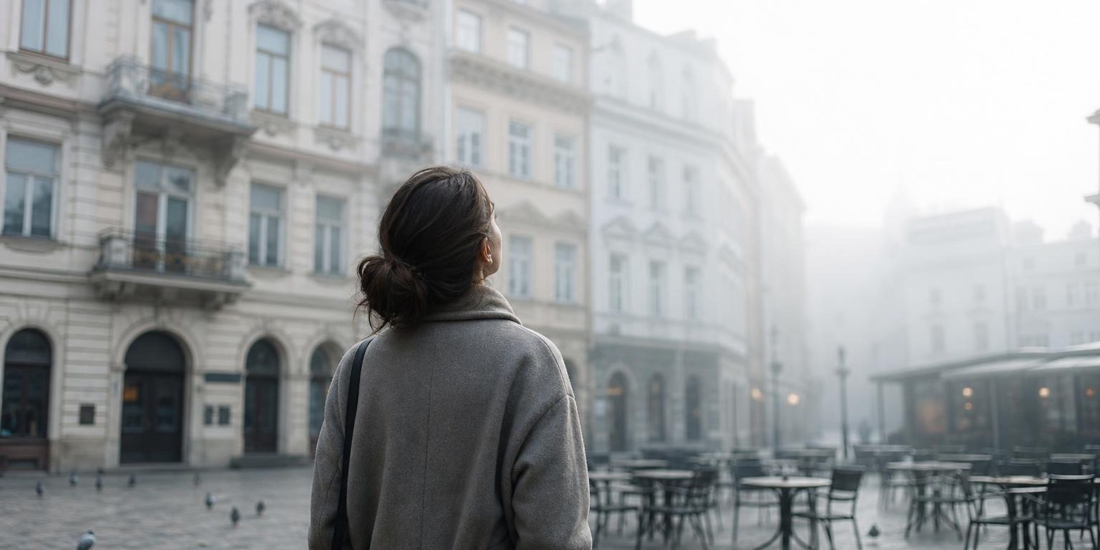 Aquarell: Person blickt auf einem Stadtplatz zu reich verzierten Fassaden hinauf.