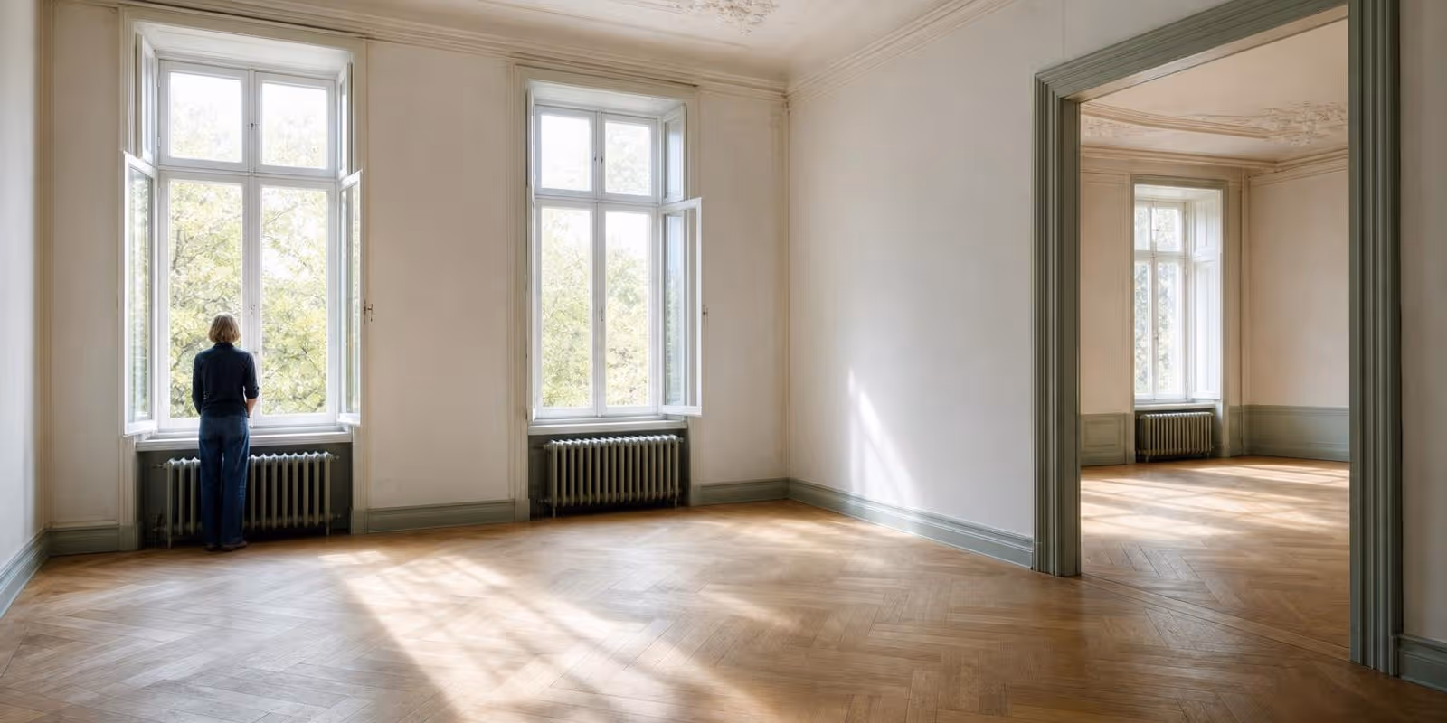 Aquarell: Hoher Altbauraum mit Stuckdecke und hohen Fenstern, Tageslicht faellt tief in den Raum.