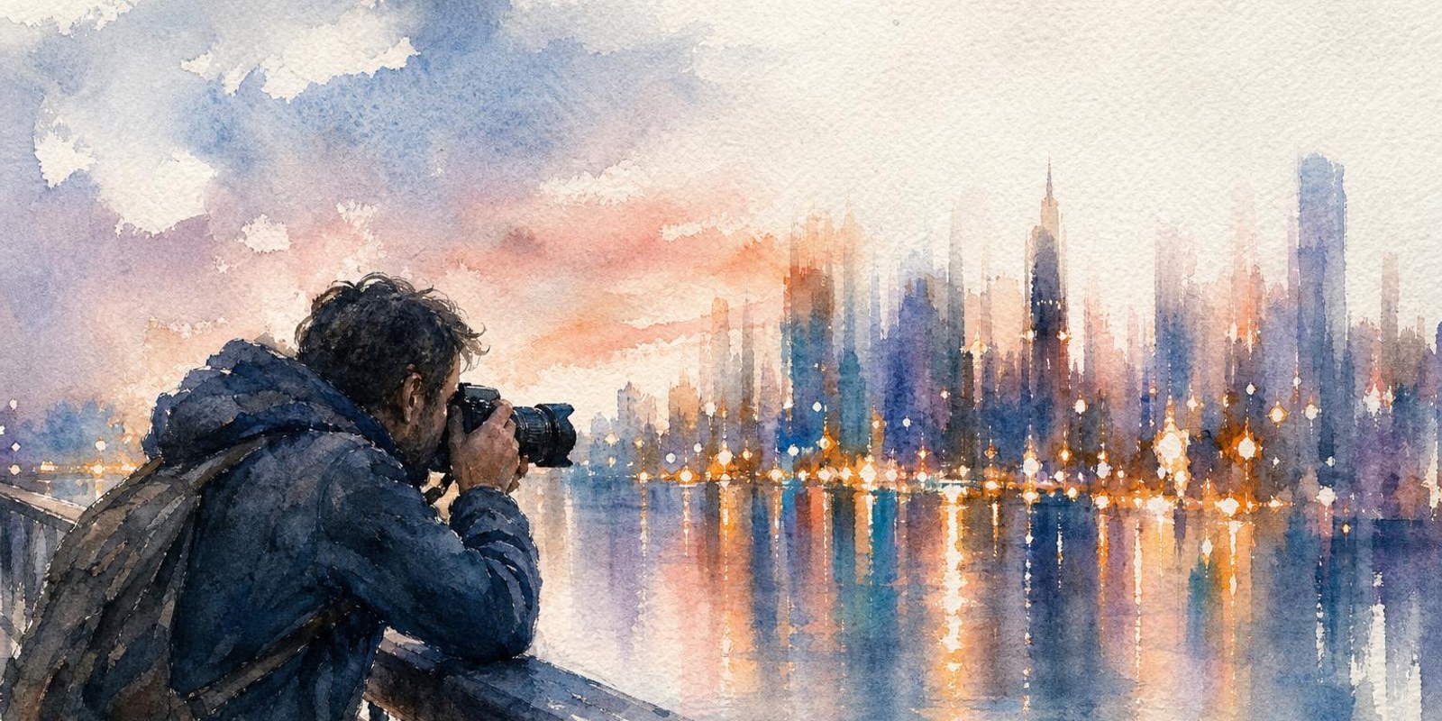 Aquarell: Fotograf stuetzt seine Kamera auf ein Gelaender, die Lichter der Stadt verwischen hinter ihm.