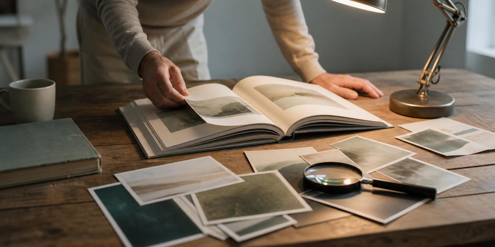 Aquarell: Person studiert am Tisch ausgebreitete Fotografien und einen grossen Bildband.