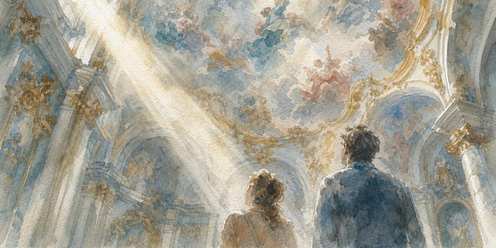 Aquarell: Blick hinauf in ein barockes Deckenfresko mit Wolken und Stuck, unten schauen zwei Besucher.