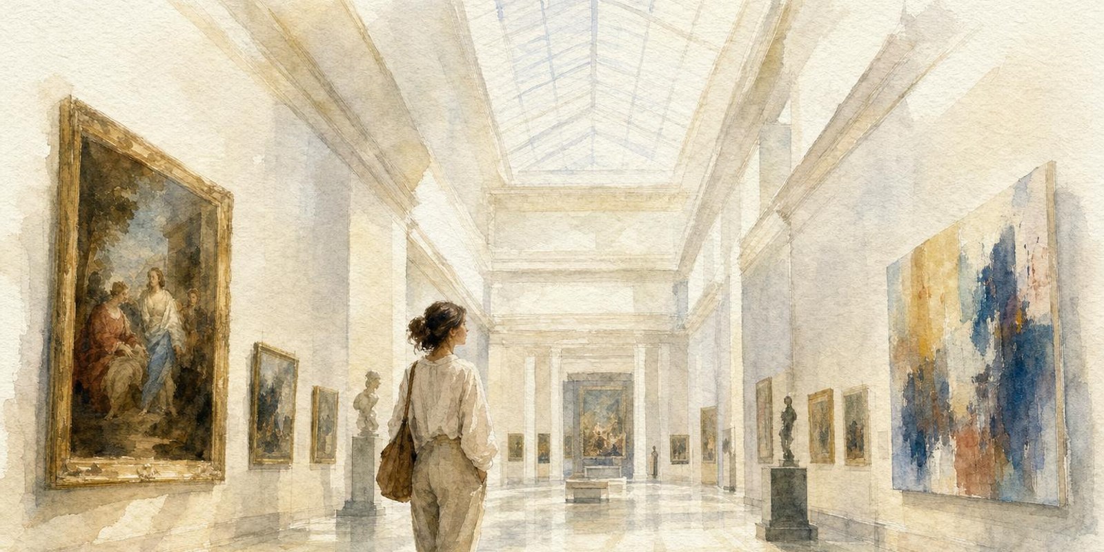 Aquarell: Eine Besucherin geht durch einen hohen Museumssaal, an dessen Waenden Gemaelde verschiedener Epochen haengen.