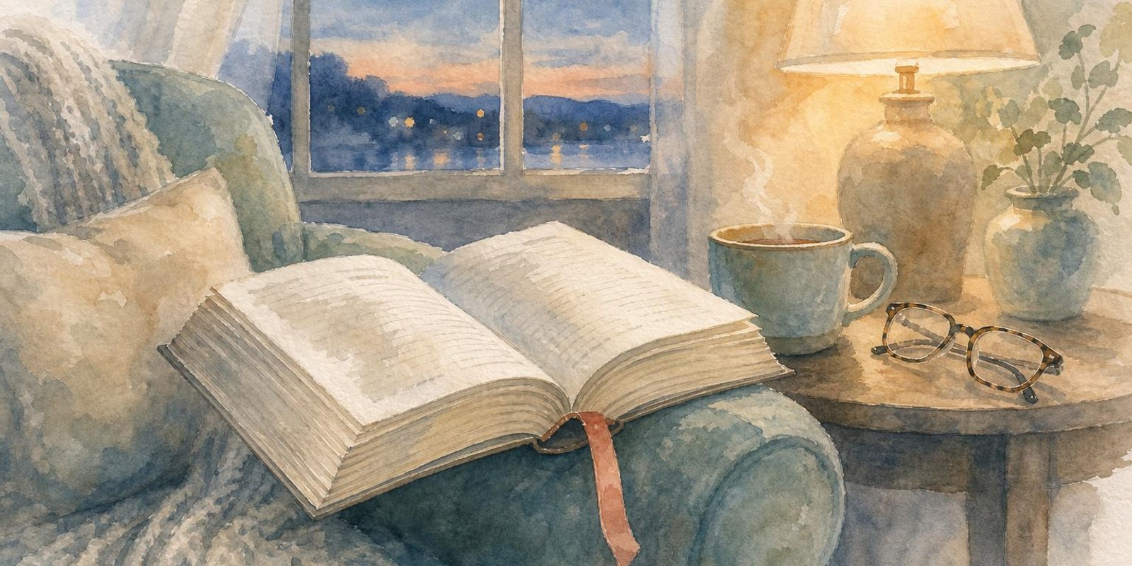 Aquarell: dicker Roman mit Lesebaendchen liegt aufgeschlagen ueber einer Sessellehne.