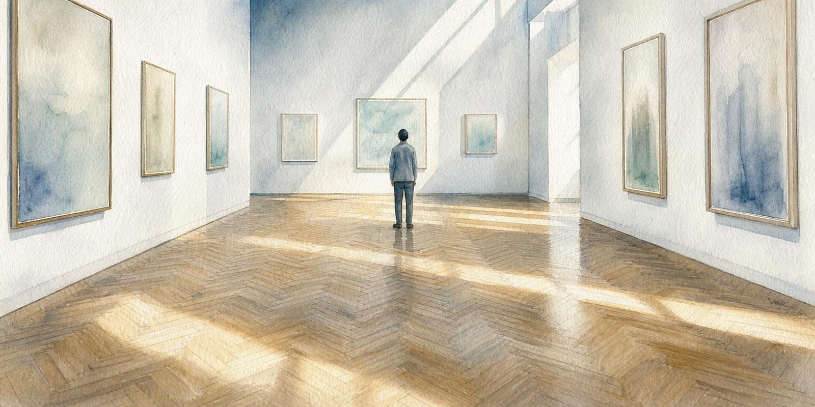 Aquarell: Ein einzelner Besucher steht am Morgen allein in einem grossen leeren Museumssaal.