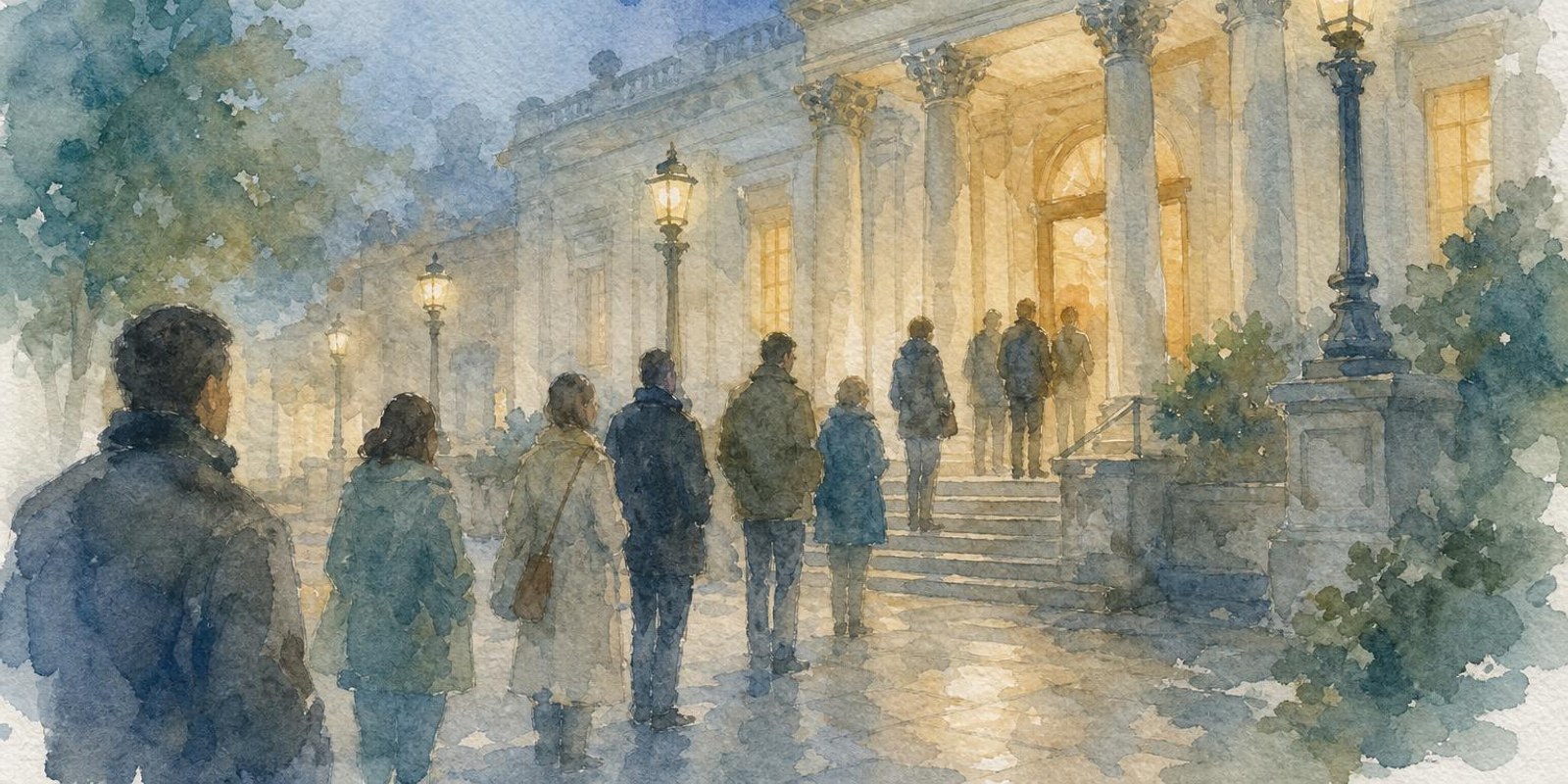 Aquarell: Abendliche Warteschlange vor dem beleuchteten Eingang eines klassischen Museums.