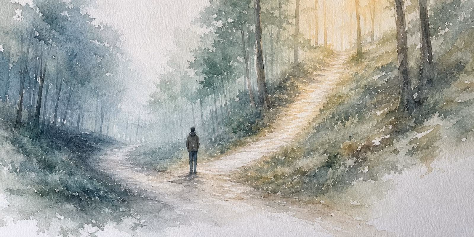 Aquarell: Einzelne Figur steht an einer Weggabelung im nebligen Wald, die Wege fuehren in zwei Richtungen.