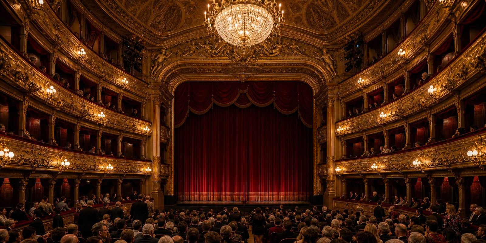 Aquarell: Zuschauerraum eines Theaters fuellt sich vor dem geschlossenen Vorhang.
