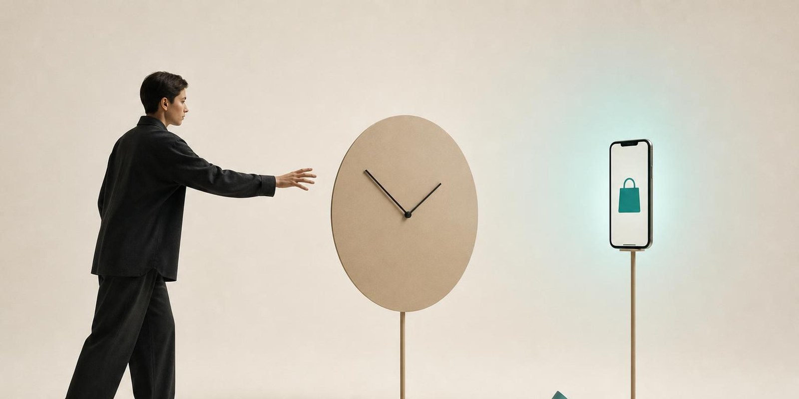 Illustration: Eine Figur greift zum Handy mit Einkaufstasche, eine grosse Uhr steht als Bremse dazwischen.