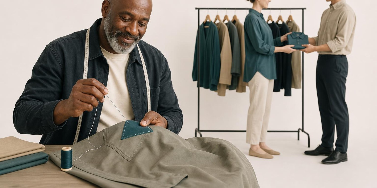 Illustration: Figur naeht einen Flicken auf eine Jacke, dahinter haengt gepflegte Kleidung.